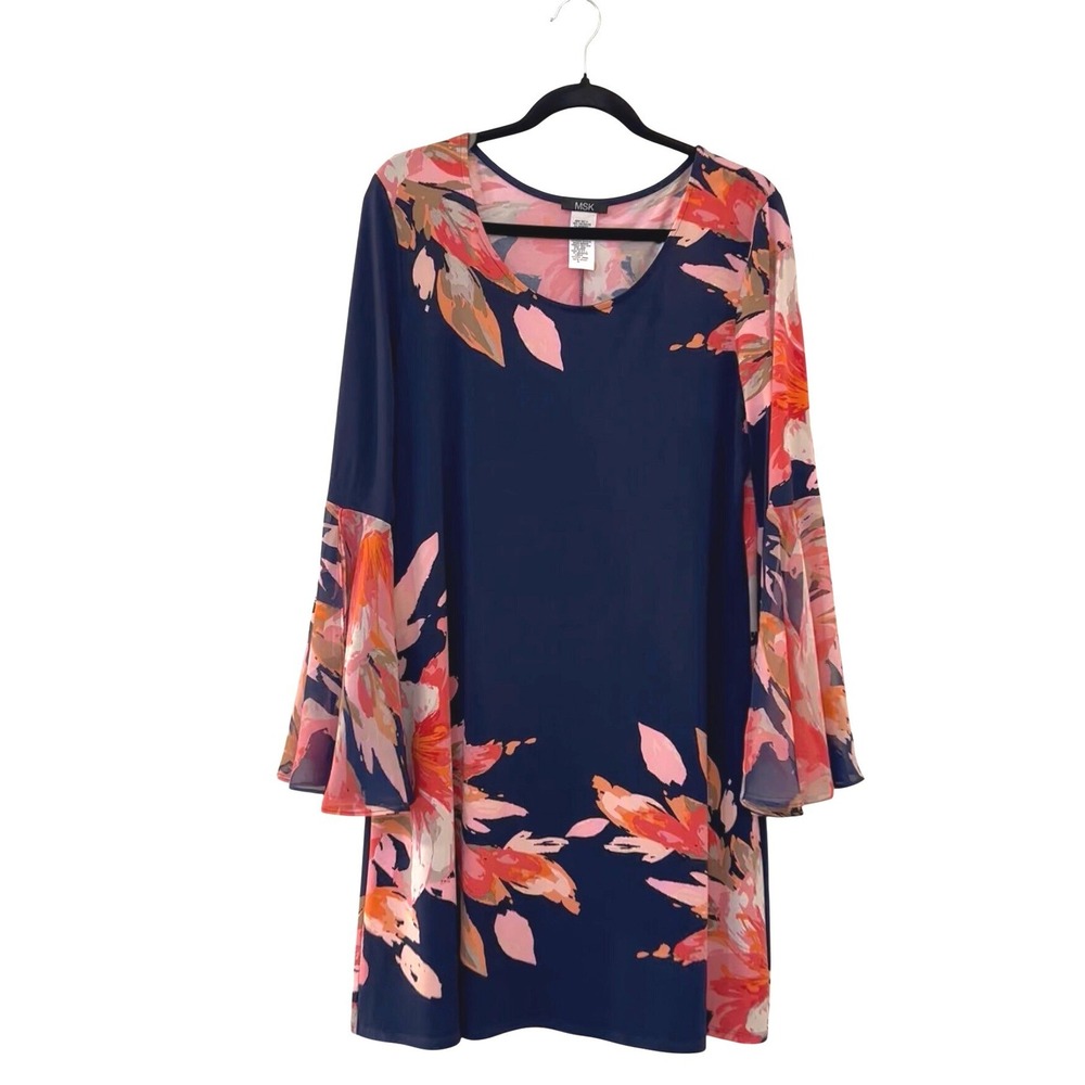 MSK Women XL Navy Blue Floral Bell Sleeve Shift Dress Boho Wedding Guest Event